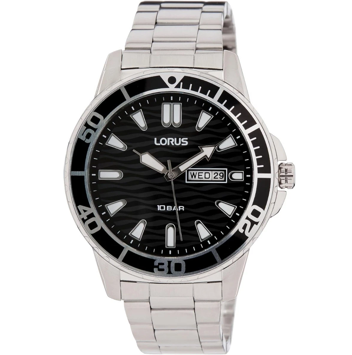 Lorus Mens Sports Day Date Black Dial Seigaiha-mon With Stainless Steel Bracelet