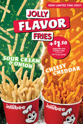 Jollibee's flavored fries exploding from the bucket and flying in the air