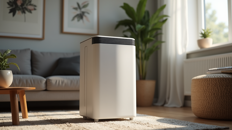 Eye-level view of a modern dehumidifier in a living room