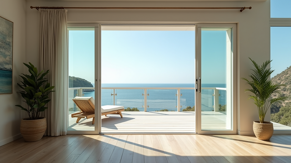 Eye-level view of a spacious coastal deck with sliding glass doors