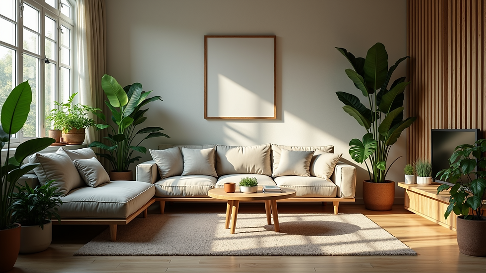Wide angle view of a cozy indoor living space with plenty of greenery