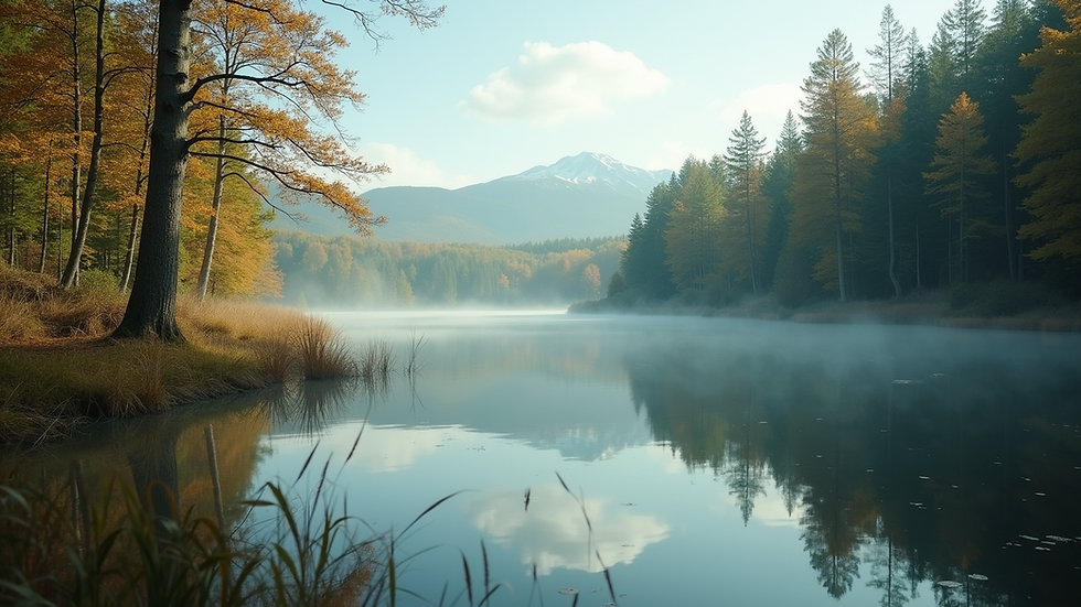Eye-level view of a serene nature scene with a calm lake and surrounding trees