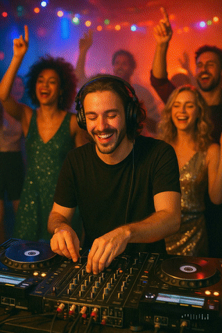 Wedding DJ spinning live with dancing guests under colorful lights at a luxury party in Gr