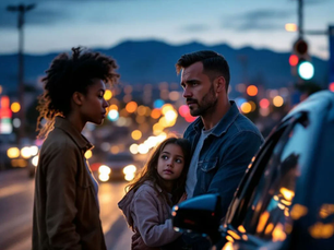 Concerned family standing beside their car on a busy Las Vegas road at dusk, representing protection in auto insurance emergencies