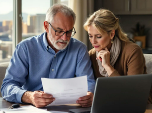 Senior couple reviewing home and auto insurance documents together at a table with a laptop.