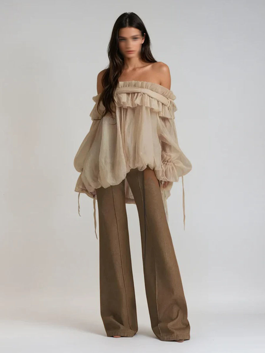 French Style One Shoulder Bell Sleeve Chiffon Blouse