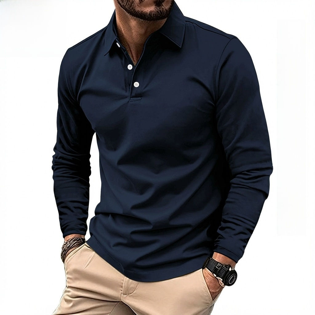 Mens Long Sleeve Solid Color Polo Shirt Casual Cotton Blend Button Down