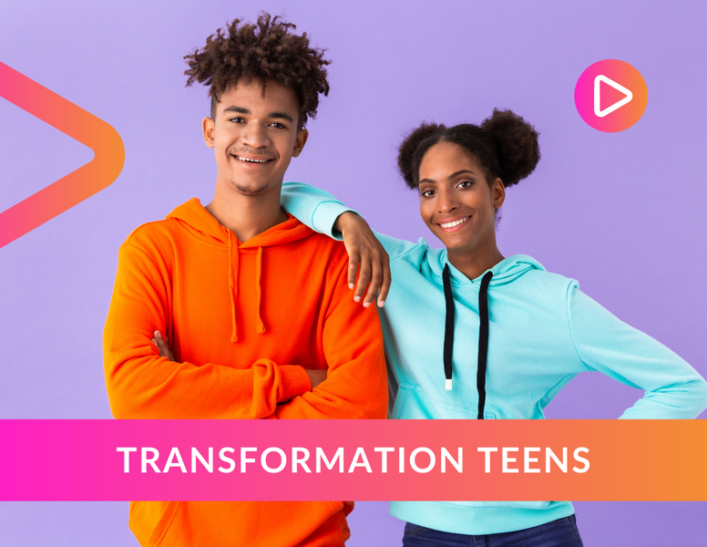 a man and a woman standing next to each other with the words transformation teens below them