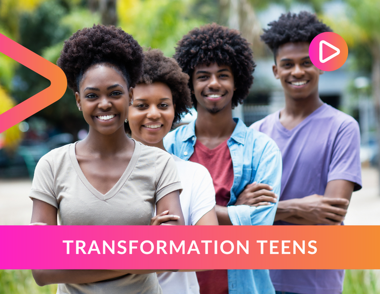a group of young people standing next to each other with the words transformation teens below them