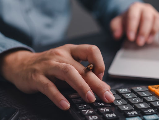 Hands typing on a laptop and pressing a calculator. The person wears a blue shirt. A plant is blurred in the background. This image represents balance budget and quality in construction.