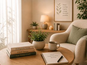 Featured blog image for Lumen Therapies showing a warm, welcoming EMDR therapy room with comfortable seating, calming décor, books, plants and soft natural light, representing a safe space for trauma recovery and mental wellbeing.