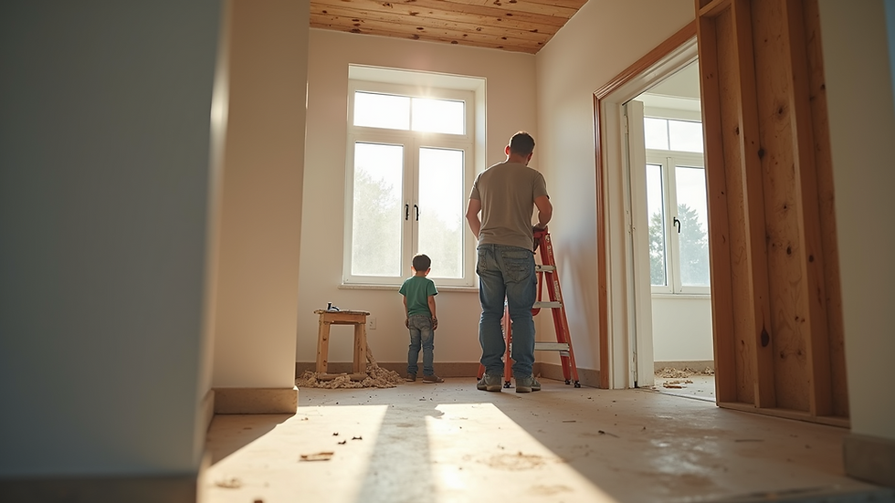 Eye-level view of a family-owned construction team working on a home renovation