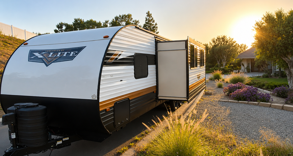 Wild S'mores travel trailer parked at sunset with slide-out extended, Southern California RV rental