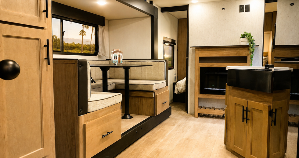 Living area with flat-screen TV and kitchen counter inside the Sugar Wolf Cherokee Grey Wolf 23DBH