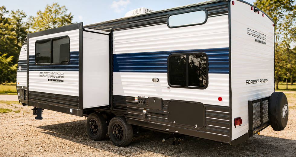 Rear angle of the 2025 Sugar Wolf travel trailer with dual axle, RV rental in Orange County