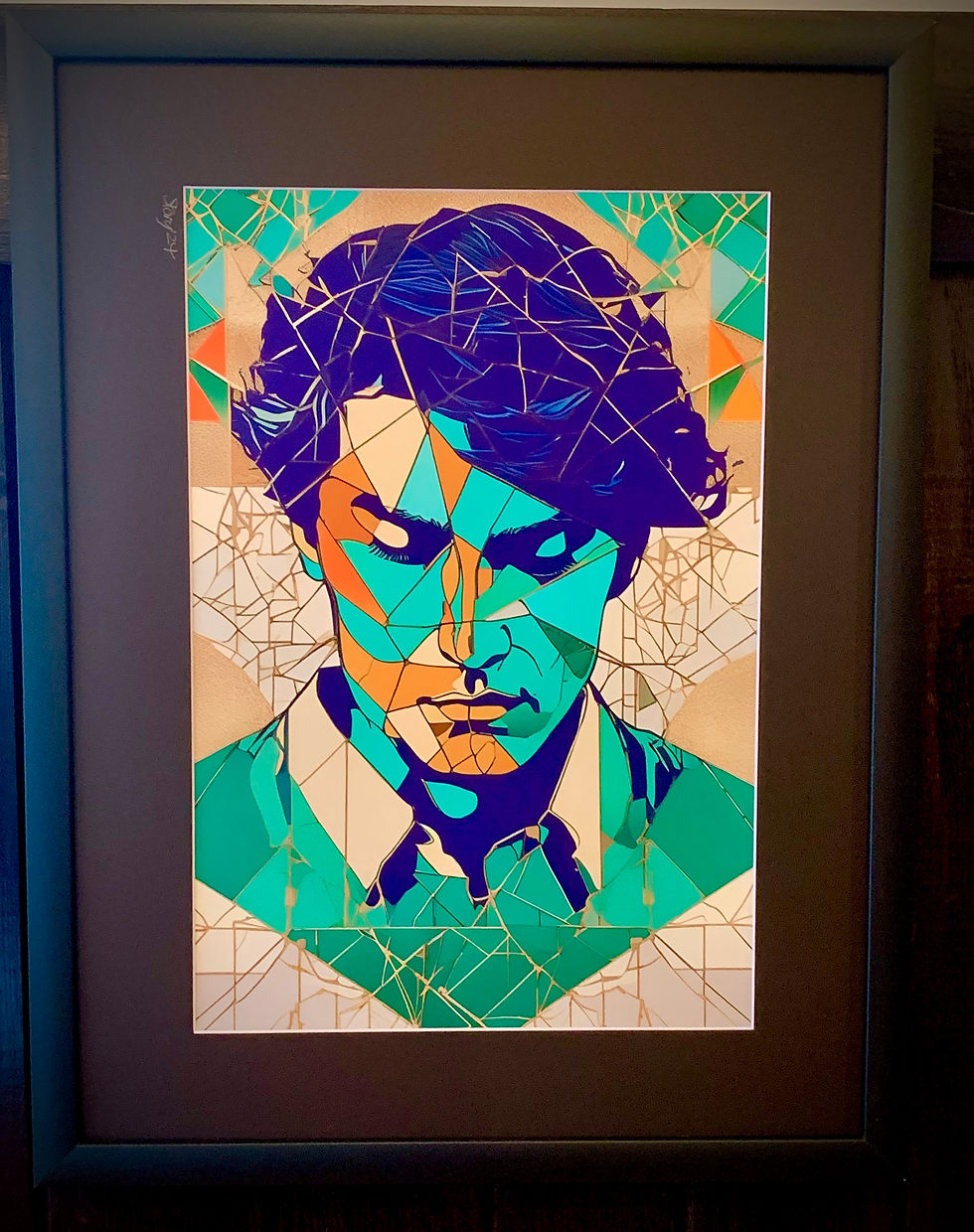 owego_home_interior_design_art_gallery_framed_roger_hanson_man_face_green_orange_tan