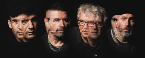 Conceptual band portrait with layered double-exposure effect on black background