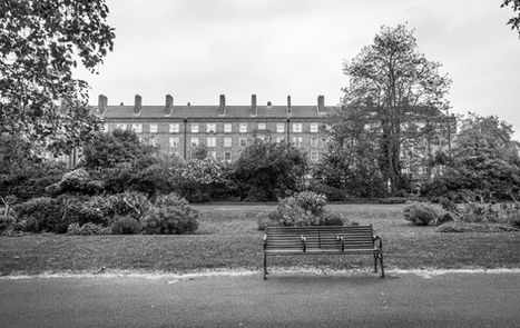 Park bench overlooking gardens and residential buildings in London.