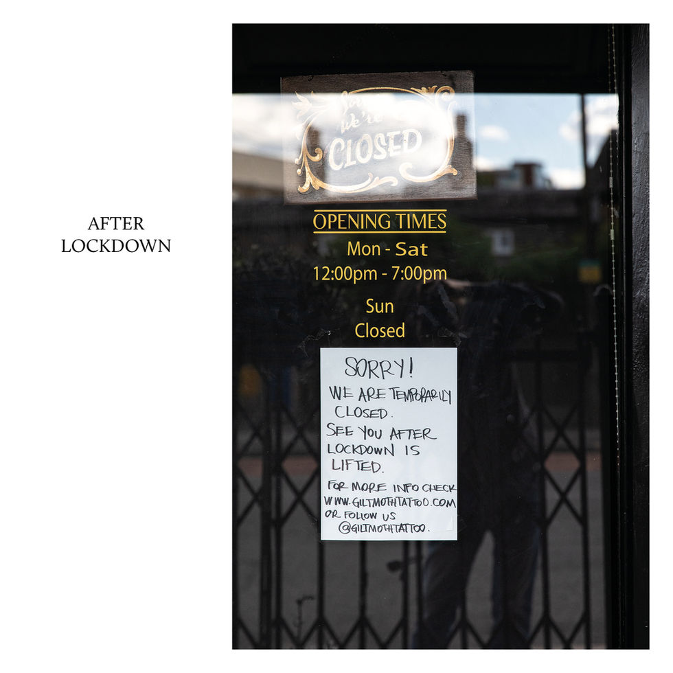 Tattoo studio window with closed sign and lockdown message.