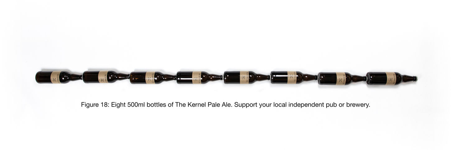 Row of eight The Kernel Pale Ale bottles arranged horizontally.