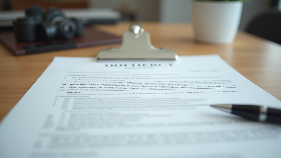 Close-up view of a contract document with a pen on a wooden table