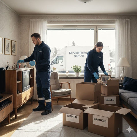 Personal som varsamt packar ner porslin och husgeråd i flyttkartonger inför en hemflytt.