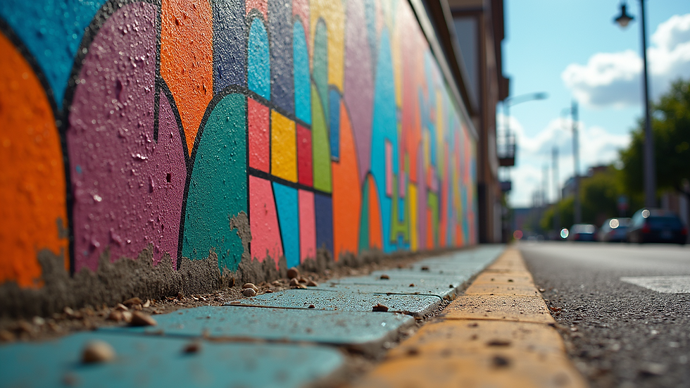 Eye-level view of a vibrant street mural with colorful geometric patterns