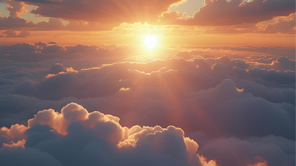 A sunrise breaking through clouds, symbolizing Heaven touching Earth with light and hope.
