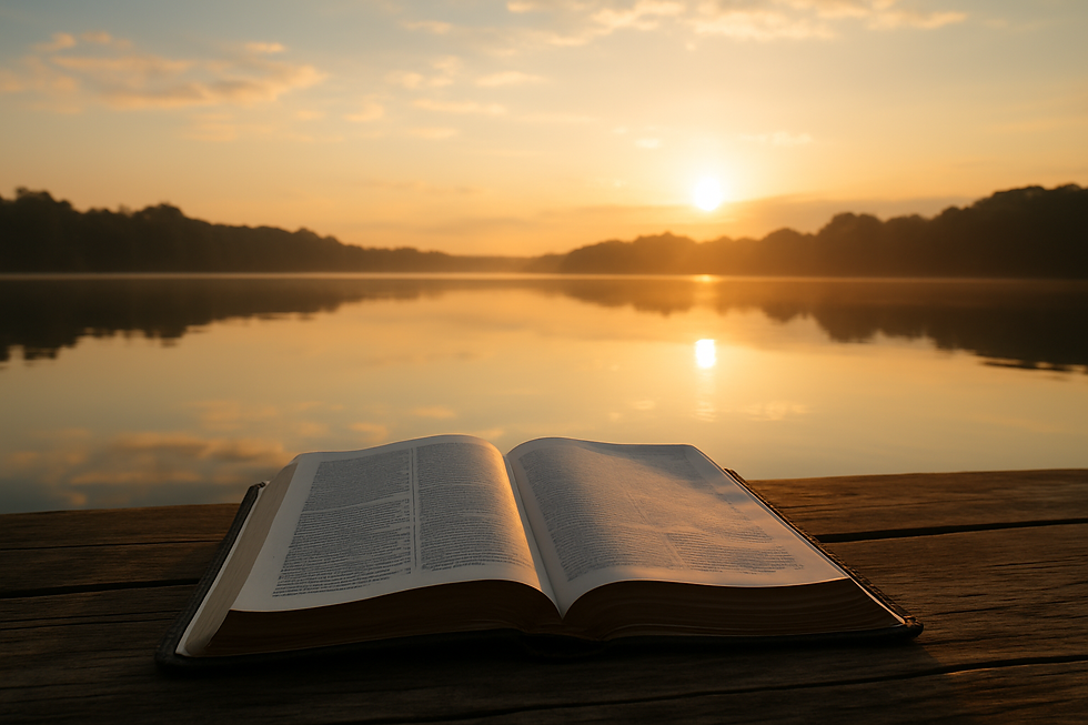 Open Bible on a wooden dock by a peaceful lake at sunrise
