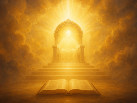 Majestic throne of Heaven surrounded by golden light and clouds, with an open Book of Life in the foreground symbolizing judgment and mercy