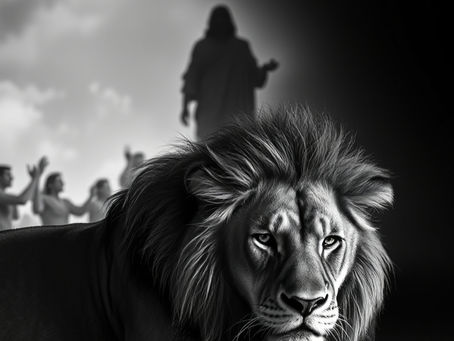 A calm and powerful scene symbolizing restraint and inner strength. A lion resting peacefully in the foreground with intense eyes. In the background, a subtle, artistic depiction inspired by the arrest of Jesus—figures recoiling while a central figure stands calm and unmoved. Dramatic lighting, high contrast, black and white tones. Cinematic and reverent mood. Focus on the theme of power held back rather than aggression. Minimalist design with space for text.