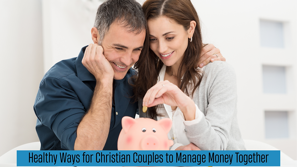 Smiling Christian couple placing a coin into a piggy bank, symbolizing healthy money management and financial unity in marriage.