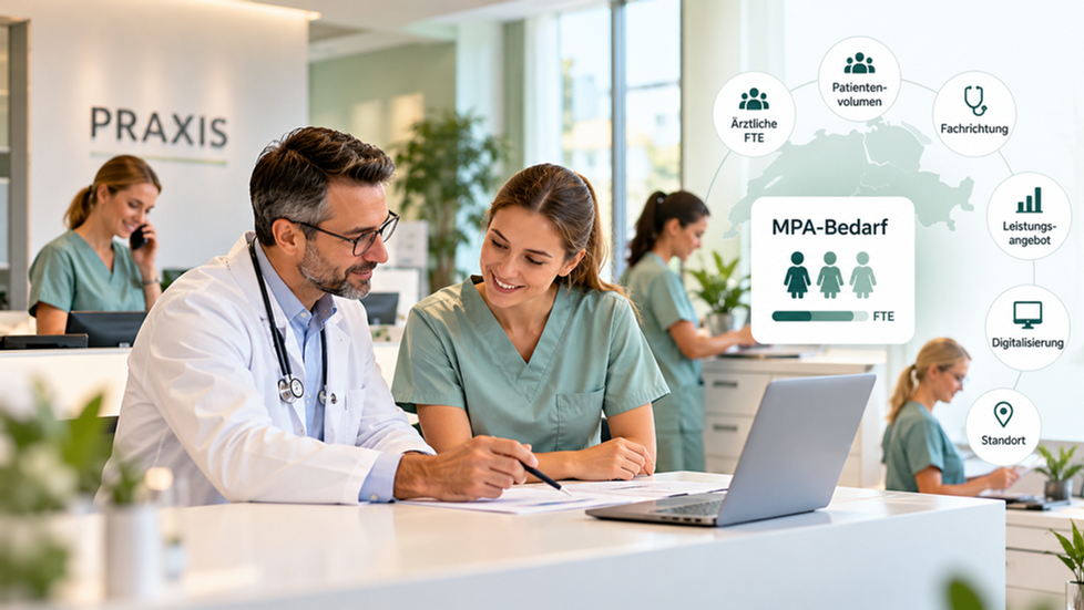 Ärztin und MPA-Team in einer Schweizer Arztpraxis bei der Personalplanung