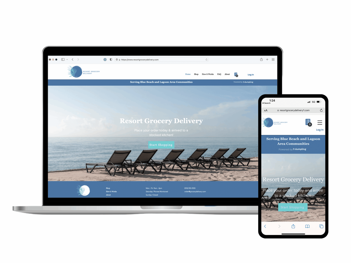 Examples of Resort dumpling pages on desktop and mobile with different themes