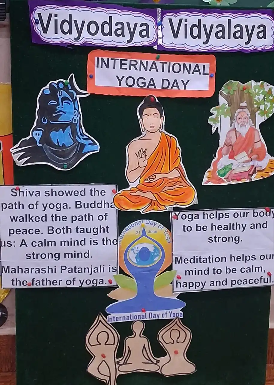 Children practicing yoga postures at Vidyodaya Public School