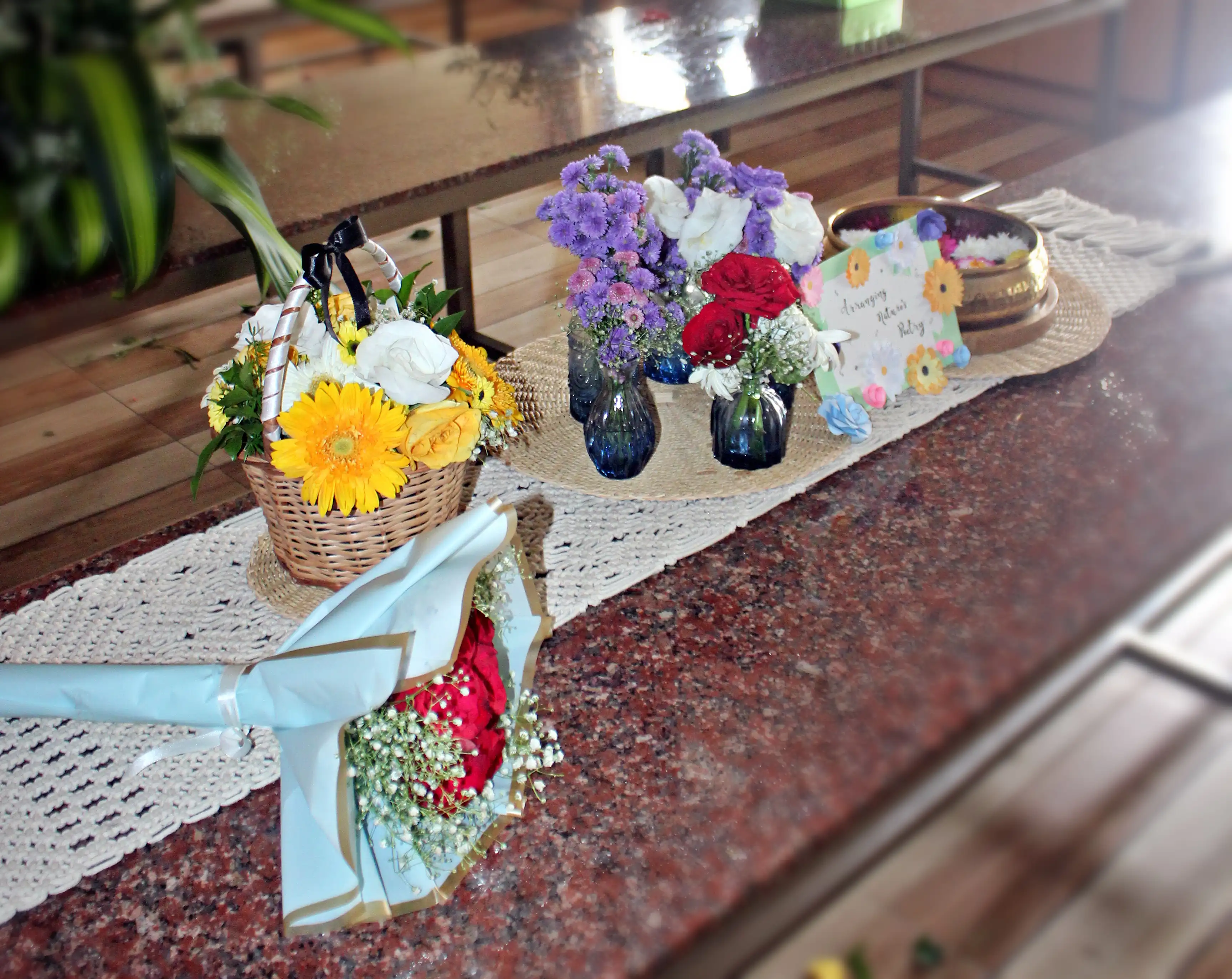 Colourful flowers arranged creatively by students