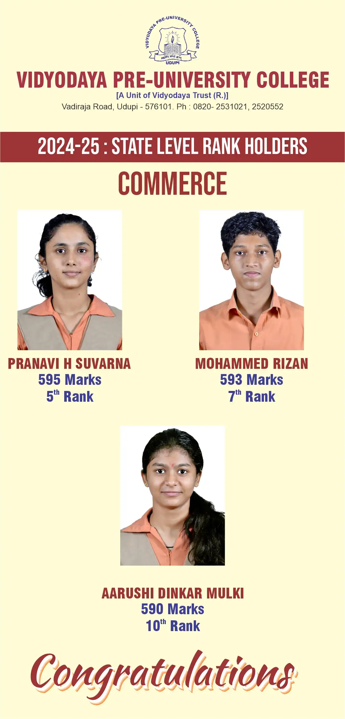 Vidyodaya P U College, Udupi State Level Ranks