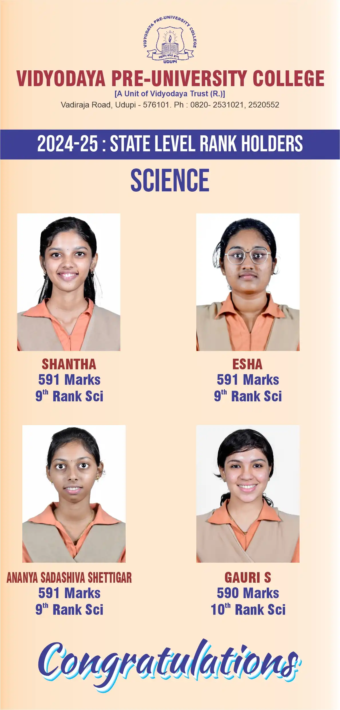 Vidyodaya P U College, Udupi State Level Ranks