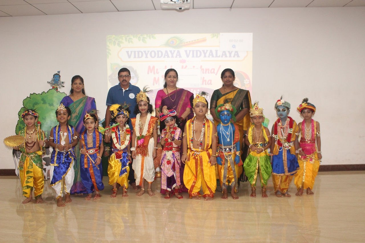 Pre-Primary students dressed as Radha and Krishna at Vidyodaya Public School
