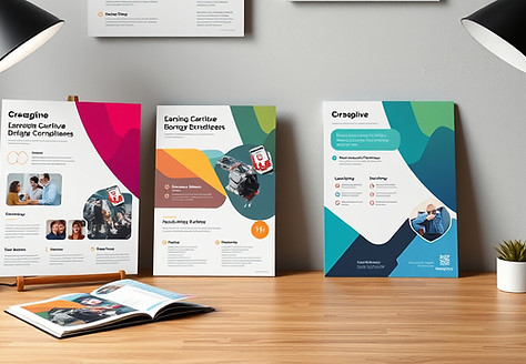 Brochure, flyer and poster designs displ