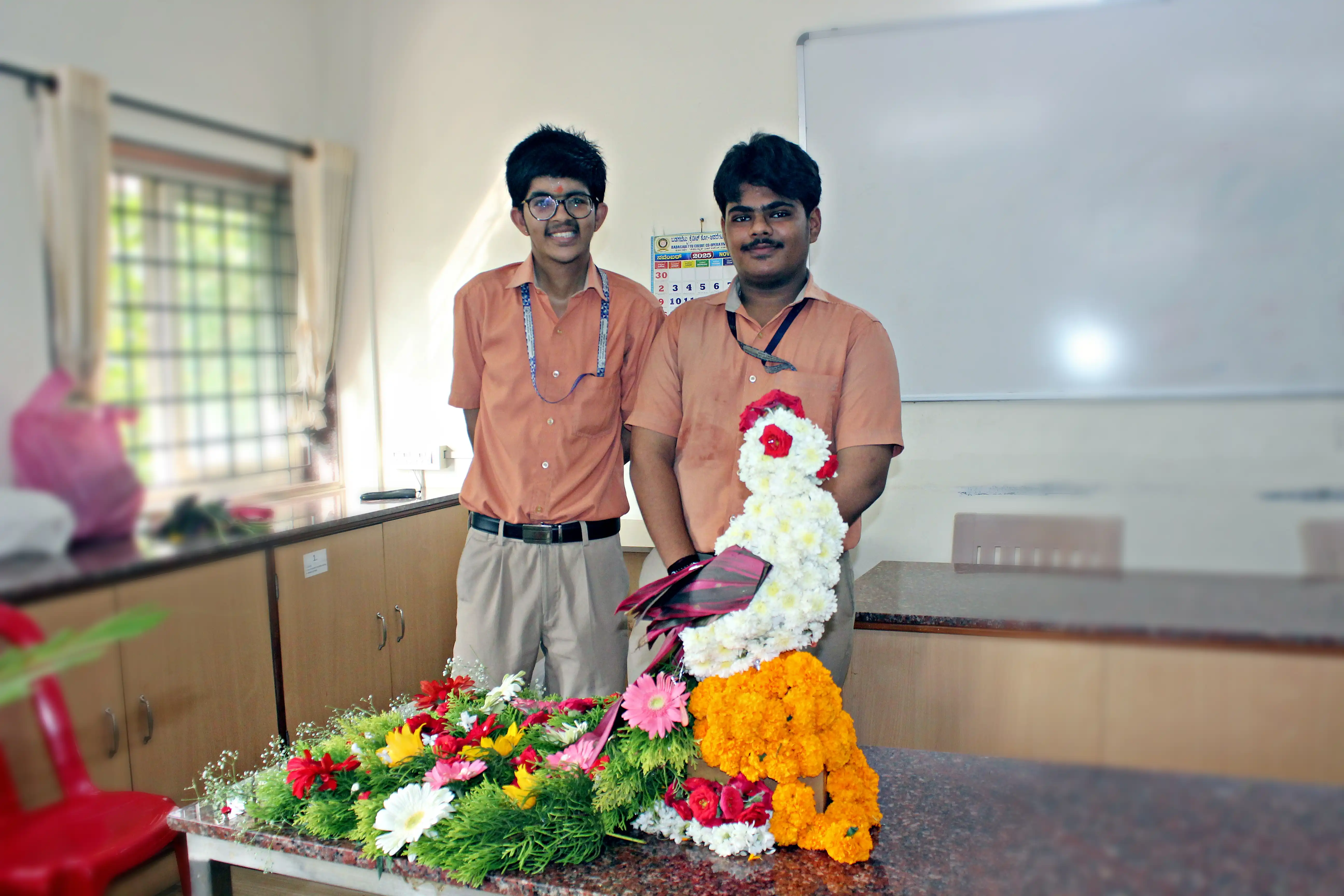 Colourful flowers arranged creatively by students