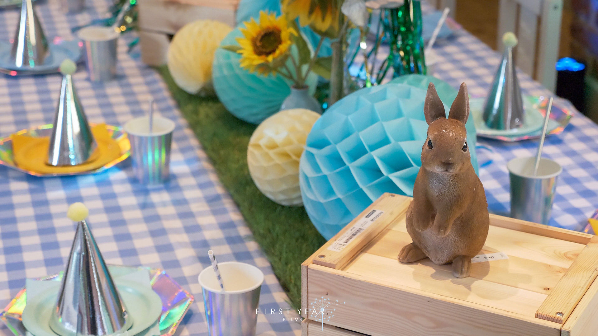 Family filmmaker: rabbit decoration on table setting for Henri Chester's first birthday party