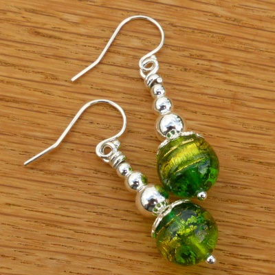 Silver Beaded Dangles with Green and Gold Murano Beads