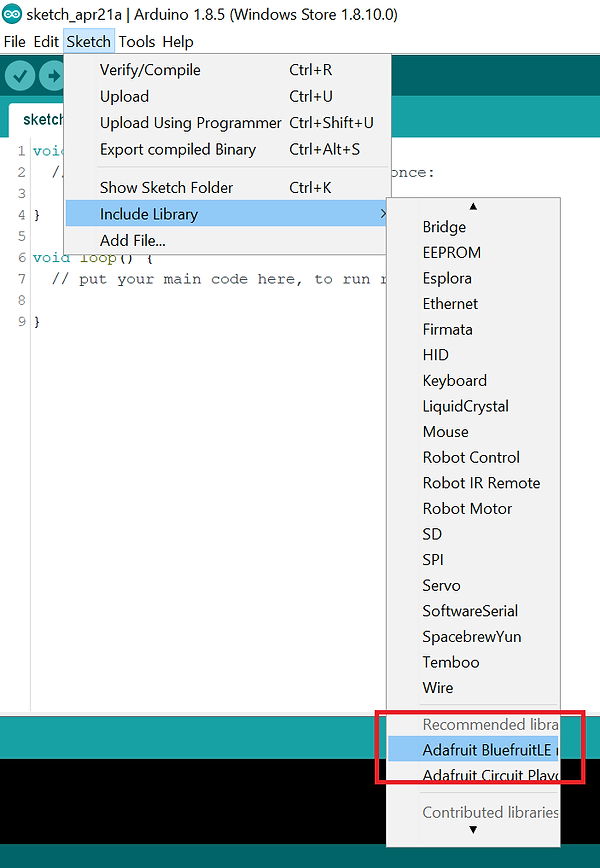 Adafrui BluefruitLE library is recognized by the Arduino IDE-GUI