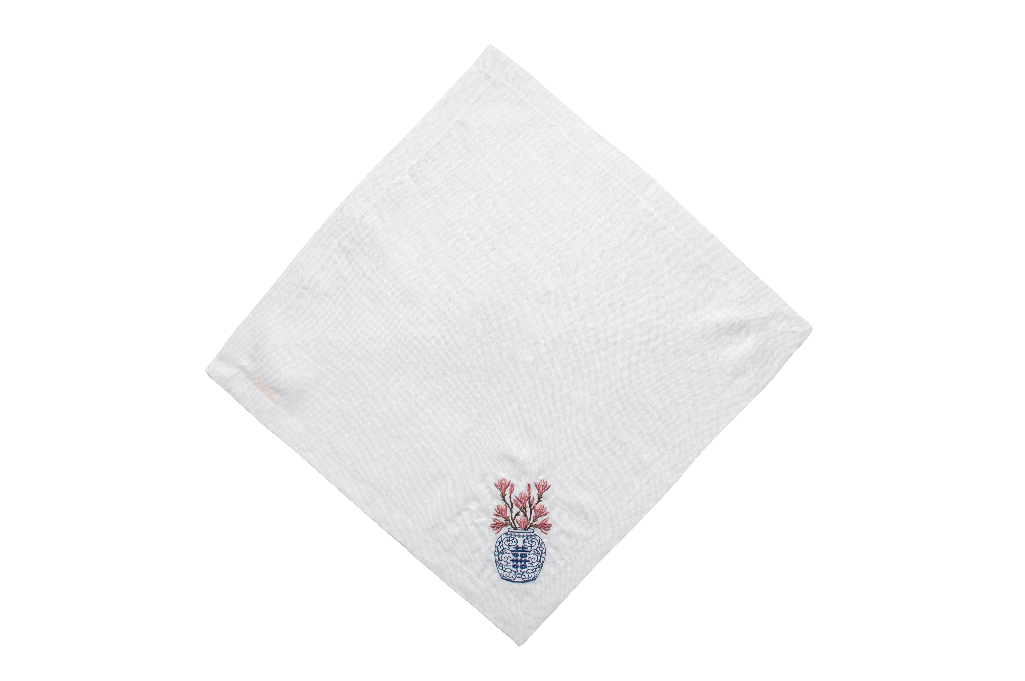 Magnolia Collection Pink Embroidered White Linen Napkin Set of 4