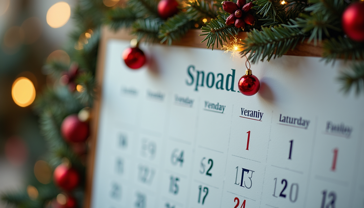 High angle view of a calendar marked with legal appointment dates and holiday stickers