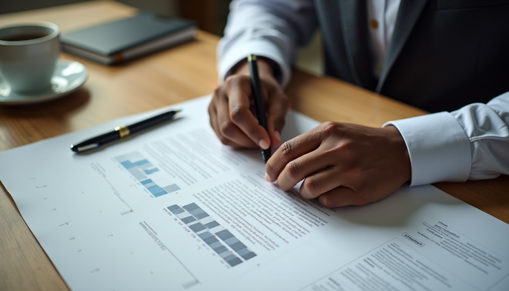 High angle view of African American entrepreneur organizing business documents