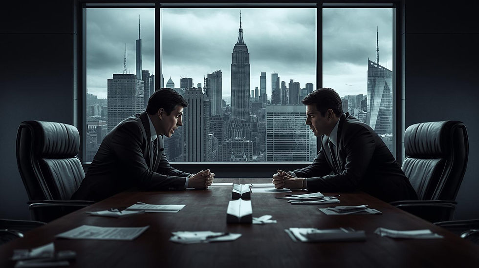Eye-level view of a cluttered desk with financial documents and a calculator