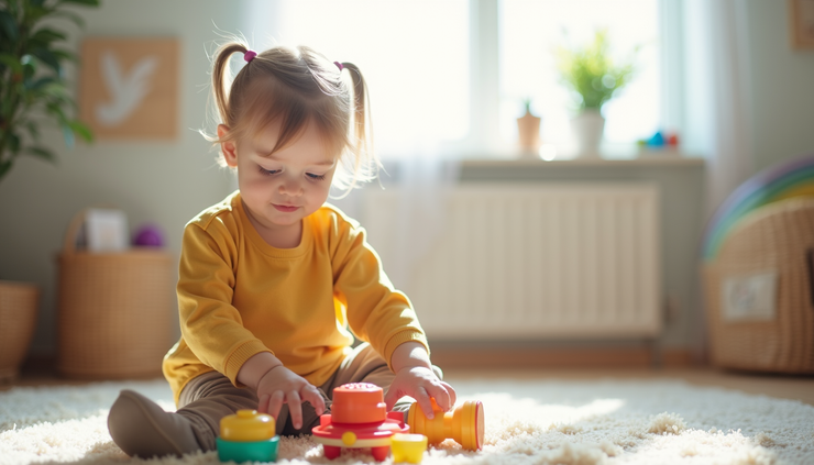 Eye-level view of a child engaged in creative play with colorful toys in a therapy room