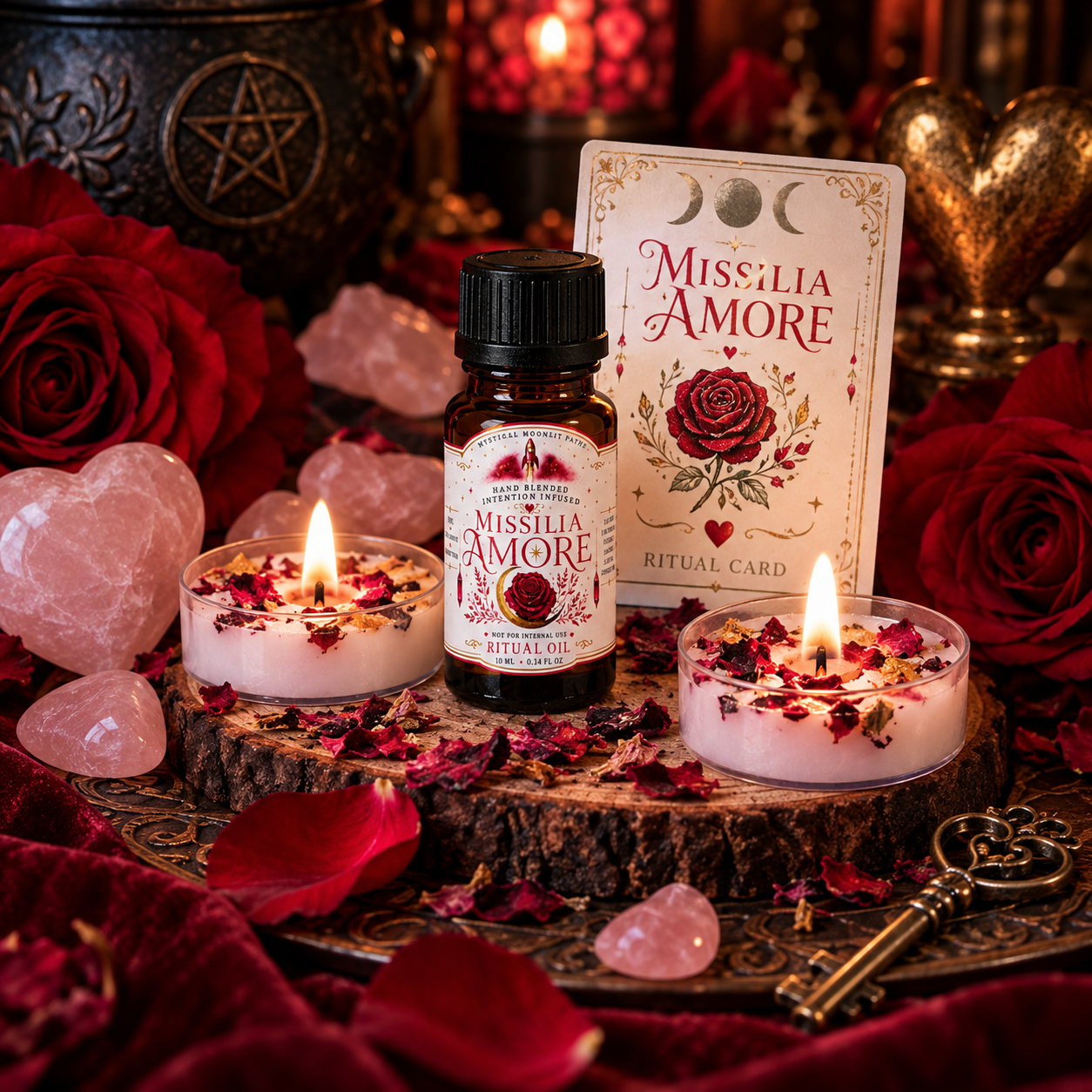 Missilia Amore love and attraction ritual bundle with ritual oil, two tea light candles, ritual card, roses and rose quartz
